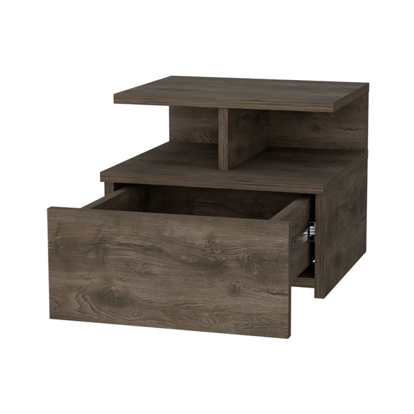 English Elm Dark Walnut Floating Nightstand with Drawer & 2-Tier Shelf — Wall-Mounted Space-Saving Bedside Organizer (13.2"W, 14"D) B062P175810