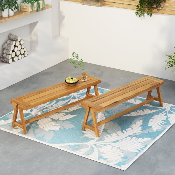 English Elm Outdoor Acacia Wood Patio Bench Set of 2 Teak Finish Slatted All Weather Seating N770P358871T