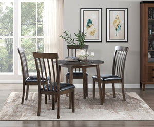 English Elm Espresso 5pc Small Round Dining Set with Drop Leaves & 4 Black Faux Leather Side Chairs, Compact Elegance B011S01592
