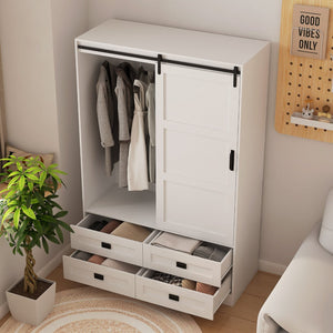 English Elm Tall Farmhouse Wardrobe Armoire with Sliding Barn Doors Drawers and Hanging Rod White W1321S00049