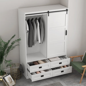 English Elm Tall Farmhouse Wardrobe Armoire with Sliding Barn Doors Drawers and Hanging Rod White W1321S00049