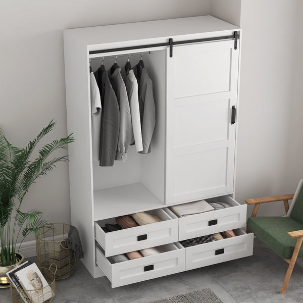 English Elm Tall Farmhouse Wardrobe Armoire with Sliding Barn Doors Drawers and Hanging Rod White W1321S00049
