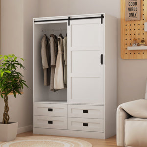 English Elm Tall Farmhouse Wardrobe Armoire with Sliding Barn Doors Drawers and Hanging Rod White W1321S00049