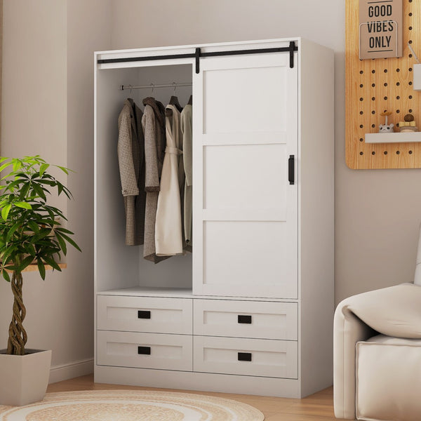 English Elm Tall Farmhouse Wardrobe Armoire with Sliding Barn Doors Drawers and Hanging Rod White W1321S00049
