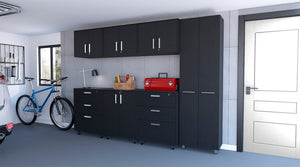 English Elm Megan Steel Garage Storage System 7 Piece Matte Black Cabinets and Rolling Drawers B062S00404