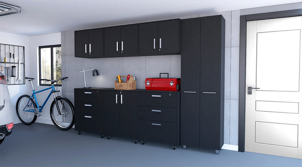 English Elm Megan Steel Garage Storage System 7 Piece Matte Black Cabinets and Rolling Drawers B062S00404