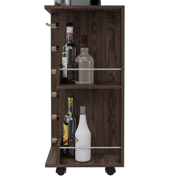 English Elm Bar Cart with Wine Rack Cabinet Open Shelves and Locking Casters for Home Entertaining B20091829