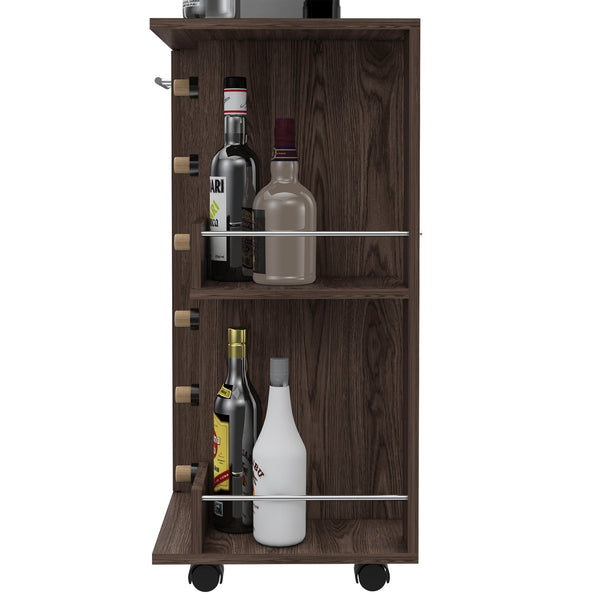 English Elm Tennessee Bar Cart with Cabinet, 6-Bottle Cubbies, Top Rail & Locking Wheels in Dark Walnut Finish B128P176191