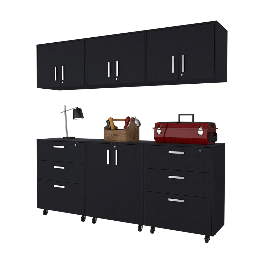 English Elm Wenge 6 Piece Garage Storage Set with 3 Large Drawers, Wall Cabinets, Casters, Padlock & Keys B062S00401