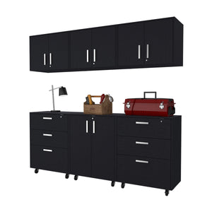 English Elm Wenge 6 Piece Garage Storage Set with 3 Large Drawers, Wall Cabinets, Casters, Padlock & Keys B062S00401