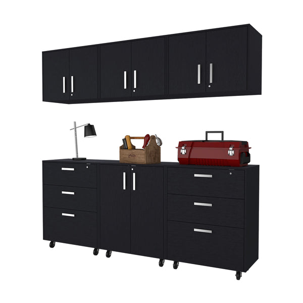 English Elm Wenge 6 Piece Garage Storage Set with 3 Large Drawers, Wall Cabinets, Casters, Padlock & Keys B062S00401