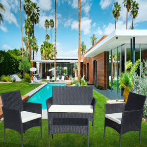 English Elm 4 PC Rattan Patio Furniture Set - Black Wicker with Beige Cushions, Tempered Glass Table, UV & Water Resistant W209P149123