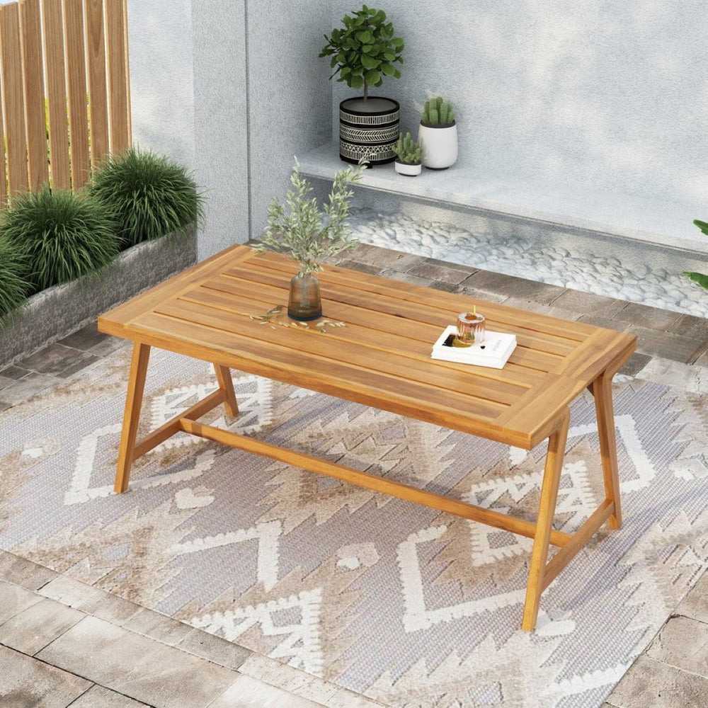 English Elm Modern Solid Acacia Wood Outdoor Dining Table Teak Finish Seats Six Patio Deck N770P358870T