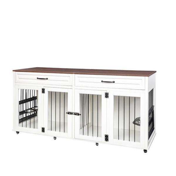English Elm Heavy Duty Wooden Dog Crate Furniture Console with Double Doors Walnut White Finish W1579S00035