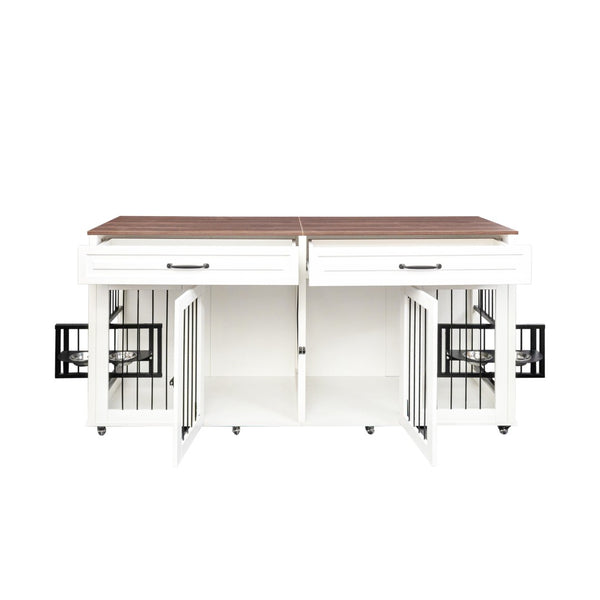 English Elm Heavy Duty Wooden Dog Crate Furniture Console with Double Doors Walnut White Finish W1579S00035