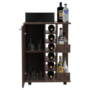 English Elm Tennessee Bar Cart with Cabinet, 6-Bottle Cubbies, Top Rail & Locking Wheels in Dark Walnut Finish B128P176191