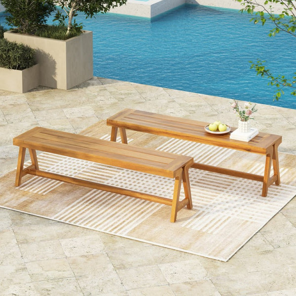 English Elm Outdoor Acacia Wood Patio Bench Set of 2 Teak Finish Slatted All Weather Seating N770P358871T
