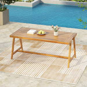 English Elm Modern Solid Acacia Wood Outdoor Dining Table Teak Finish Seats Six Patio Deck N770P358870T