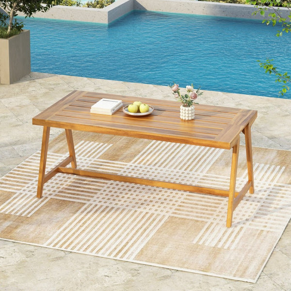 English Elm Modern Solid Acacia Wood Outdoor Dining Table Teak Finish Seats Six Patio Deck N770P358870T
