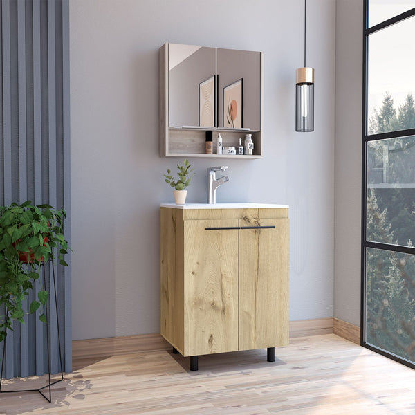 English Elm Light Oak 2-Piece Bathroom Set with Freestanding Vanity & Mirrored Medicine Cabinet, Modern Storage B062S00419