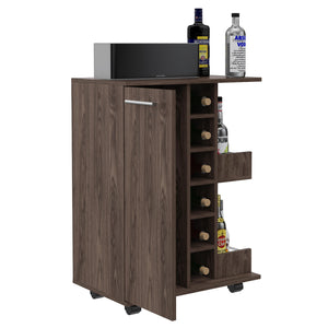 English Elm Tennessee Bar Cart with Cabinet, 6-Bottle Cubbies, Top Rail & Locking Wheels in Dark Walnut Finish B128P176191