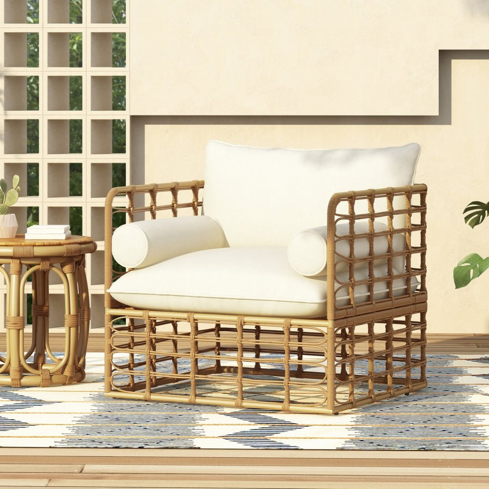 English Elm 2-piece Wicker Accent Chair Set Boho Rattan Weave with Aluminum Frame and Side Table 72434002-63163