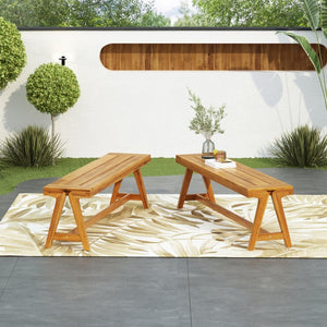 English Elm Outdoor Acacia Wood Patio Bench Set of 2 Teak Finish Slatted All Weather Seating N770P358871T