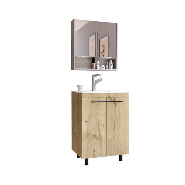 English Elm Light Oak 2-Piece Bathroom Set with Freestanding Vanity & Mirrored Medicine Cabinet, Modern Storage B062S00419