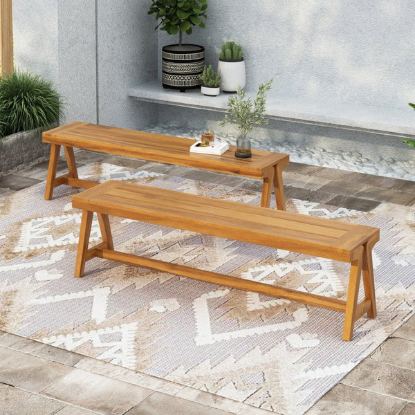 English Elm Outdoor Acacia Wood Patio Bench Set of 2 Teak Finish Slatted All Weather Seating N770P358871T