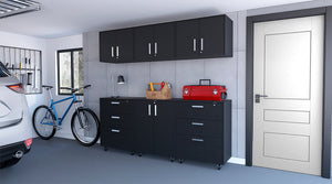 English Elm Wenge 6 Piece Garage Storage Set with 3 Large Drawers, Wall Cabinets, Casters, Padlock & Keys B062S00401