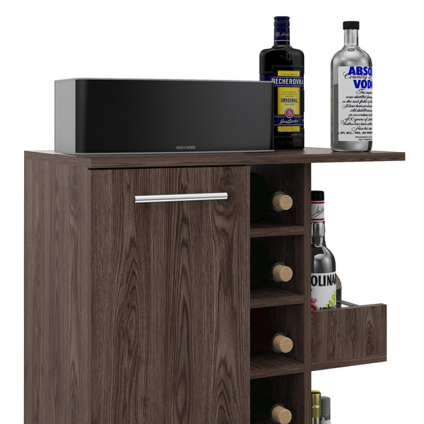 English Elm Tennessee Bar Cart with Cabinet, 6-Bottle Cubbies, Top Rail & Locking Wheels in Dark Walnut Finish B128P176191