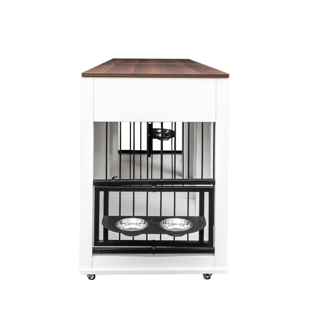 English Elm Heavy Duty Wooden Dog Crate Furniture Console with Double Doors Walnut White Finish W1579S00035
