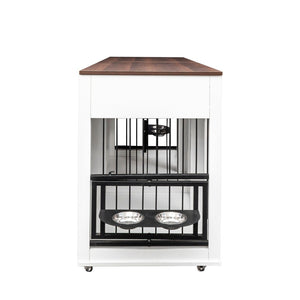 English Elm Heavy Duty Wooden Dog Crate Furniture Console with Double Doors Walnut White Finish W1579S00035