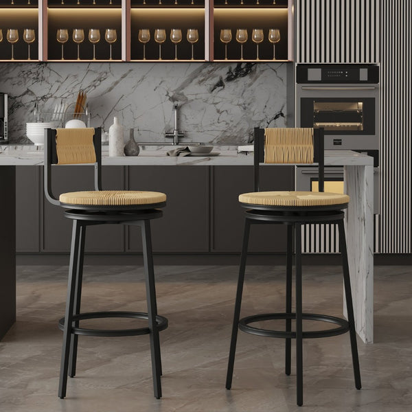 English Elm Creamy Hand Woven Paper Rope Swivel Barstools Set of 2 with Black Steel Frame for Kitchen Honey W1757P144567