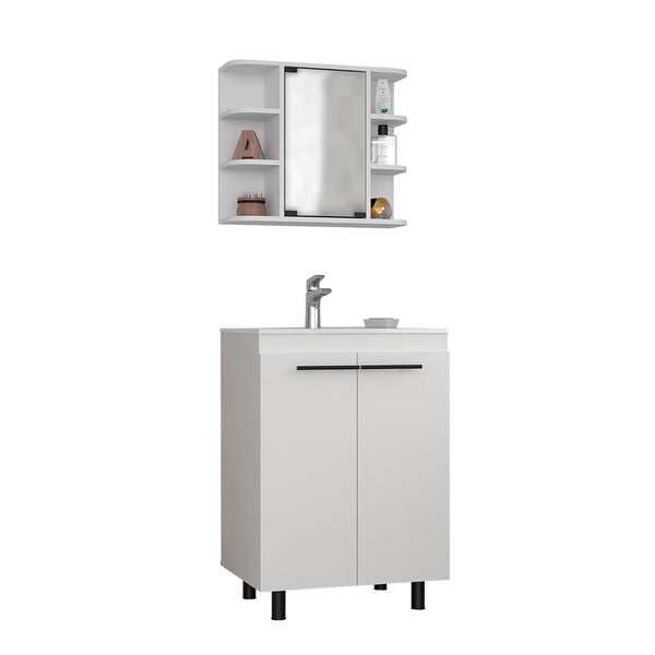 English Elm White White 2 Piece Bathroom Set Vanity & Medicine Cabinet 34" High Freestanding Storage Mirror Modern White B062S00418