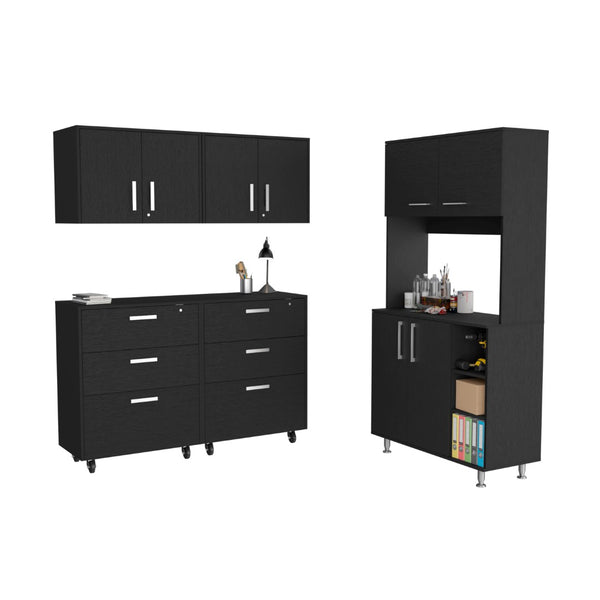 English Elm Black Five Piece Garage Storage System with Cabinets Drawers and Wall Mounted Units B062S00402