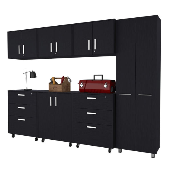 English Elm Megan Steel Garage Storage System 7 Piece Matte Black Cabinets and Rolling Drawers B062S00404