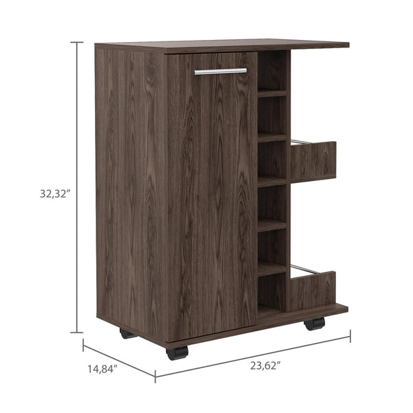 English Elm Bar Cart with Wine Rack Cabinet Open Shelves and Locking Casters for Home Entertaining B20091829