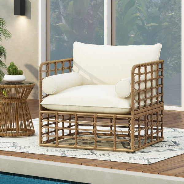 English Elm 2-piece Wicker Accent Chair Set Boho Rattan Weave with Aluminum Frame and Side Table 72434002-63163