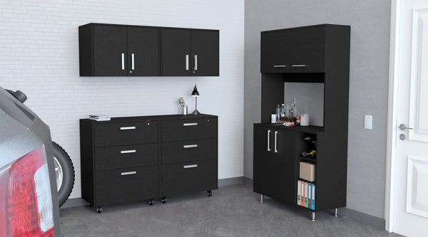 English Elm Black Five Piece Garage Storage System with Cabinets Drawers and Wall Mounted Units B062S00402