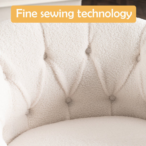 English Elm Swivel Teddy Velvet Accent Chair with Ottoman — Ergonomic Round Armchair, Stable Solid Wood, Beige W2012P272071