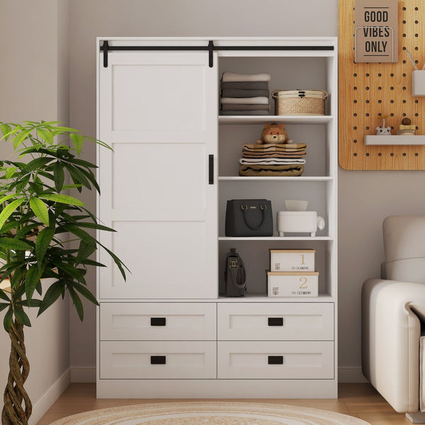 English Elm Tall Farmhouse Wardrobe Armoire with Sliding Barn Doors Drawers and Hanging Rod White W1321S00049