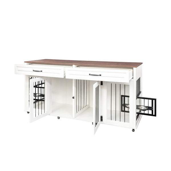 English Elm Heavy Duty Wooden Dog Crate Furniture Console with Double Doors Walnut White Finish W1579S00035