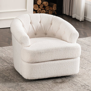 English Elm Swivel Teddy Velvet Accent Chair with Ottoman — Ergonomic Round Armchair, Stable Solid Wood, Beige W2012P272071