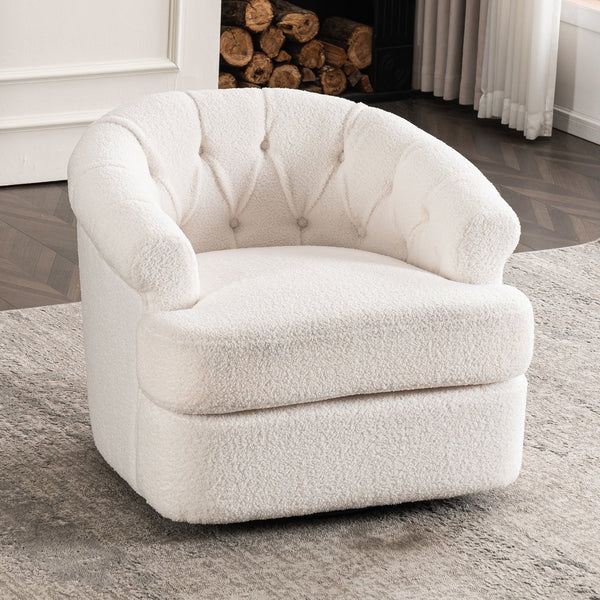 English Elm Swivel Teddy Velvet Accent Chair with Ottoman — Ergonomic Round Armchair, Stable Solid Wood, Beige W2012P272071