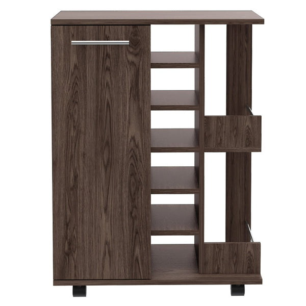 English Elm Bar Cart with Wine Rack Cabinet Open Shelves and Locking Casters for Home Entertaining B20091829
