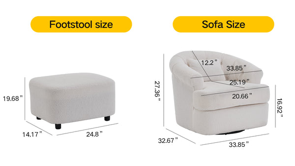 English Elm Swivel Teddy Velvet Accent Chair with Ottoman — Ergonomic Round Armchair, Stable Solid Wood, Beige W2012P272071