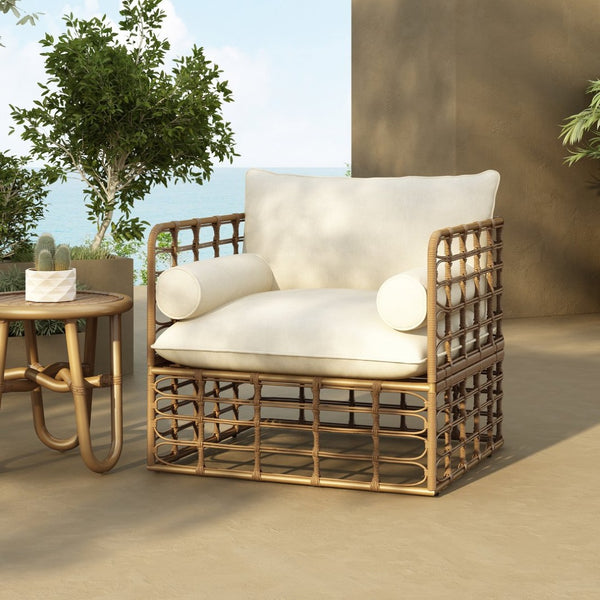 English Elm 2-piece Wicker Accent Chair Set Boho Rattan Weave with Aluminum Frame and Side Table 72434002-63163