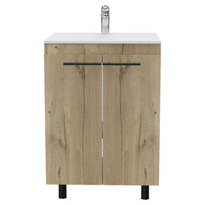 English Elm Light Oak 2-Piece Bathroom Set with Freestanding Vanity & Mirrored Medicine Cabinet, Modern Storage B062S00419