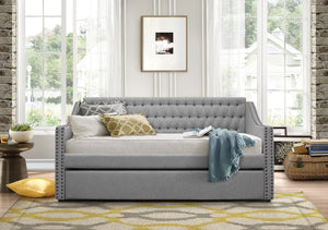 English Elm Modern Gray Tulney Daybed with Trundle, Button-Tufted Back, Nailhead Arms, Twin-Ready Guest Sofa Bed B011S00872
